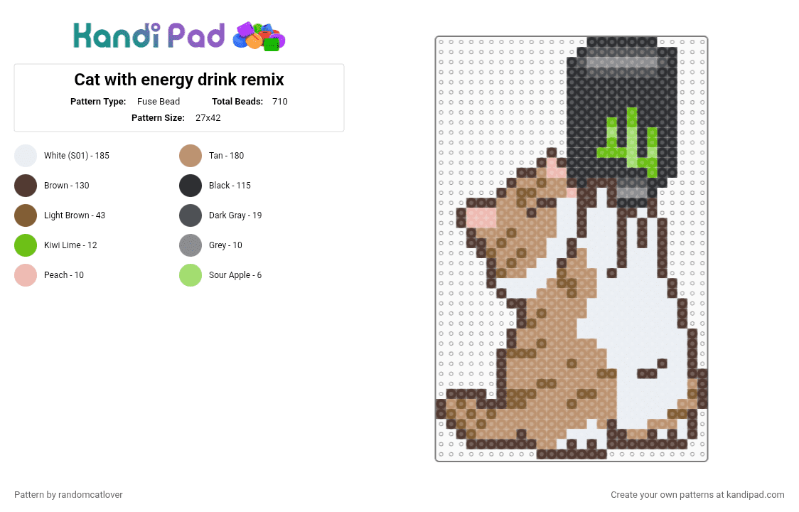 Monster Cat REMIX - Fuse Bead Pattern by randomcatlover on Kandi Pad - brown,beige,cat,monster,energy drink,cats,kitty,kitties,funny,cute