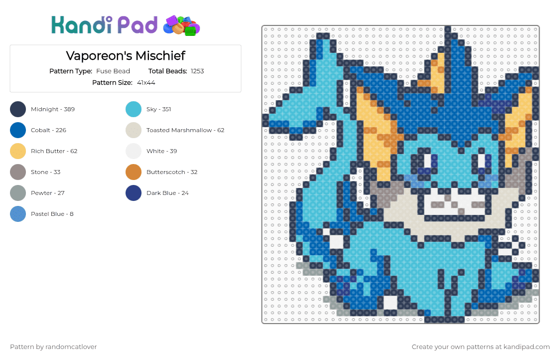 Vaporeon\'s Mischief 2/9 - Fuse Bead Pattern by randomcatlover on Kandi Pad - purple,blue,light blue,vaporeon,134,chaos,eeveelutions,cute,pokemon,mischief,eeveelution