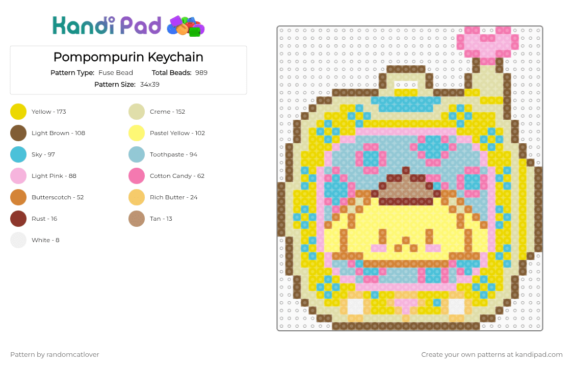 Pompompurin Keychain 6/9 - Fuse Bead Pattern by randomcatlover on Kandi Pad - pink,yellow,light blue,keychain,tomodachi,sanrio,cute,pompompurin,pom pom purin,purin,pudding dog