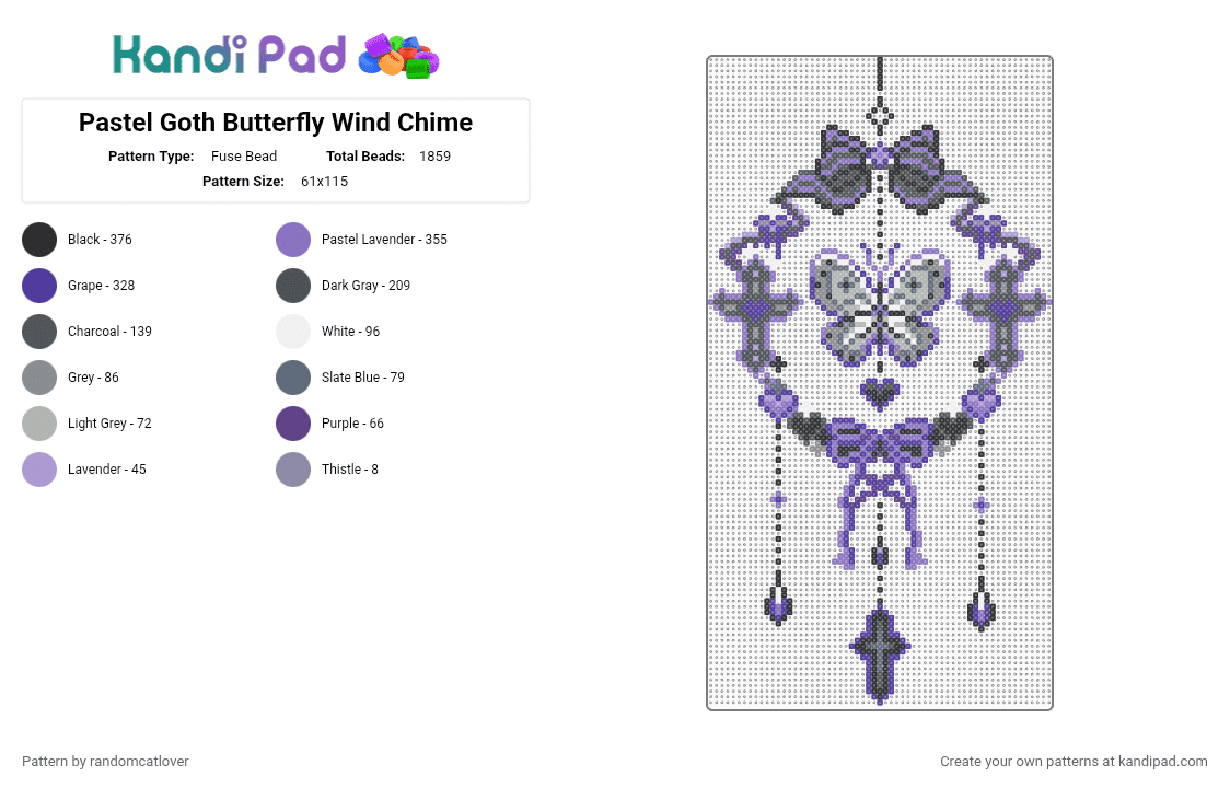 Pastel Goth Butterfly Wind Chime - Fuse Bead Pattern by randomcatlover on Kandi Pad - purple,blue,gray,pastel goth,butterfly,cross,butterflies,pastel,goth,wall art,hang