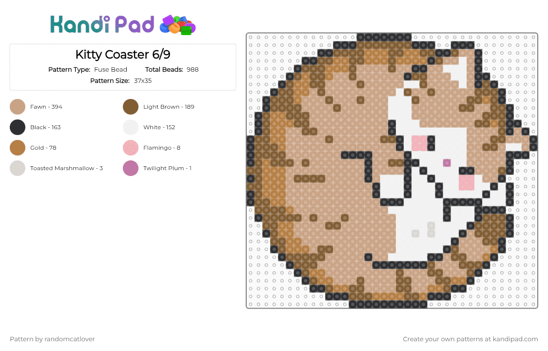 Kitty Coaster 6/9 - Fuse Bead Pattern by randomcatlover on Kandi Pad - tan,beige,cat,kitty,kitten,coaster,cats,kitties,kittens,cute
