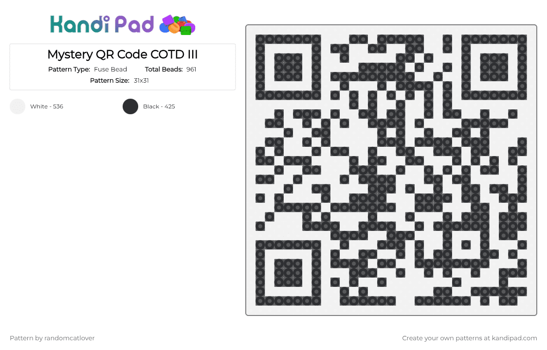Mystery QR Code COTD III - Fuse Bead Pattern by randomcatlover on Kandi Pad - white,black,cotdmystery,qr,code,qr code,meme,mega meme mashup,meme mashup,memes