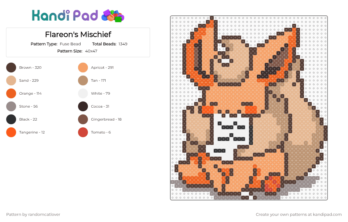 Flareon\'s Mischief 4/9 - Fuse Bead Pattern by randomcatlover on Kandi Pad - brown,orange,beige,flareon,pokemon,136,eeveelutions,eeveelution,mischief,chaos,cute