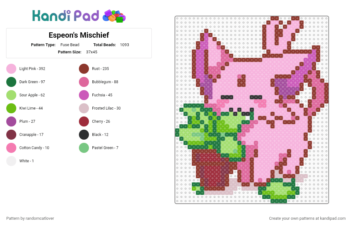 Espeon\'s Mischief 5/9 - Fuse Bead Pattern by randomcatlover on Kandi Pad - red,green,pink,pokemon,espeon,eeveelutions,eeveelution,mischief,chaos,cute,196