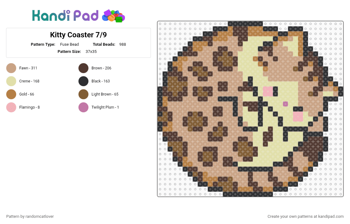 Kitty Coaster 7/9 - Fuse Bead Pattern by randomcatlover on Kandi Pad - brown,beige,yellow,cat,kitty,kitten,coaster,cats,kitties,kittens,cute