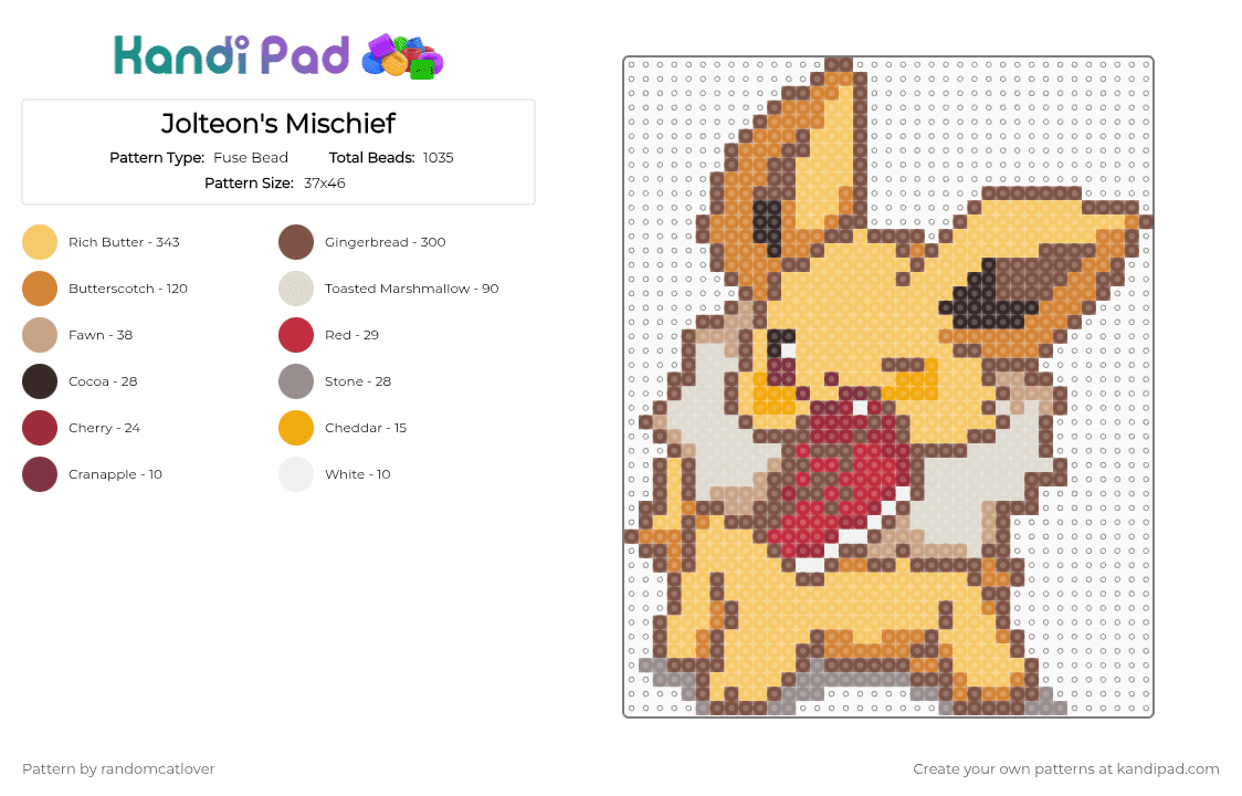 Jolteon\'s Mischief 3/9 - Fuse Bead Pattern by randomcatlover on Kandi Pad - tan,orange,yellow,jolteon,pokemon,chaos,cute,mischief,135,eeveelutions,eeveelution