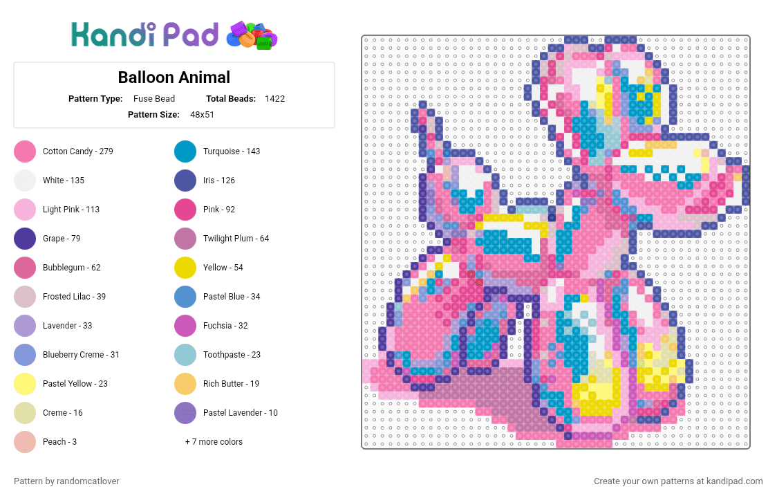 Balloon Animal - Fuse Bead Pattern by randomcatlover on Kandi Pad - pink,purple,light blue,colorful,pastel,balloon,animal,balloon animal