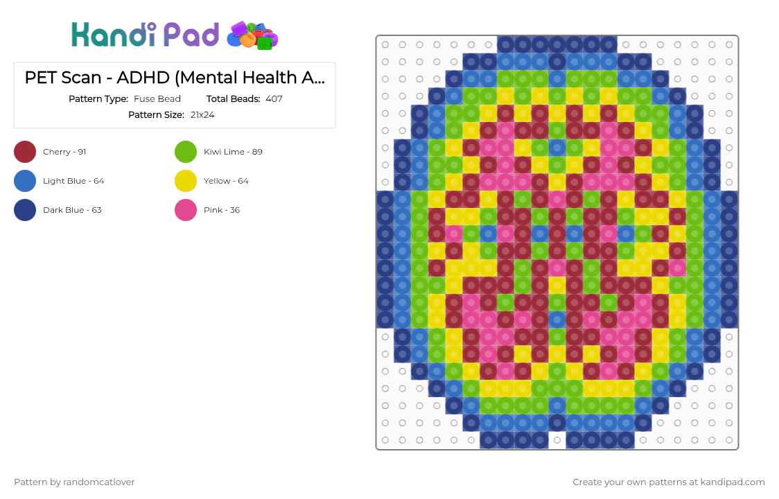 PET Scan - ADHD 2/7 (Mental Health Awareness Month) - Fuse Bead Pattern by randomcatlover on Kandi Pad - blue,green,red,mental health,mental health awareness month,mham,adhd,brain scan,pet scan,brain