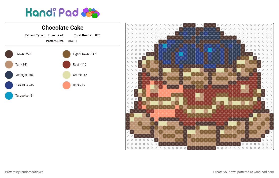 Chocolate Cake - Fuse Bead Pattern by randomcatlover on Kandi Pad - brown,tan,beige,red,chocolate,chocolates,cake,cute,easy,cakes,blueberry,blueberries