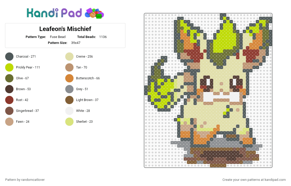 Leafeon\'s Mischief 7/9 - Fuse Bead Pattern by randomcatlover on Kandi Pad - pink,green,yellow,leafeon,pokemon,eeveelution,eeveelutions,470,cute,mischief,chaos