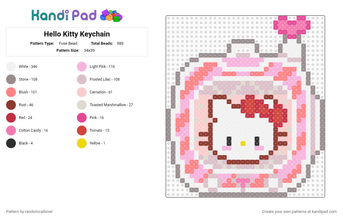 Hello Kitty Keychain 4/9 - Fuse Bead Pattern by randomcatlover on Kandi Pad - pink,beige,red,keychain,tomodachi,sanrio,cute,hello kitty,kitty,hello