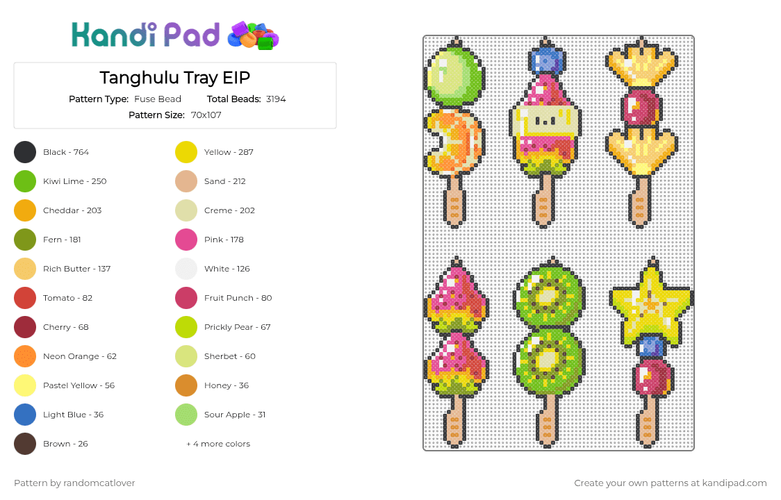 Tanghulu Tray - Fuse Bead Pattern by randomcatlover on Kandi Pad - orange,pink,gold,colorful,tanghulu,fruit,fruits,candy,candied fruit,sweets,sweet,candies