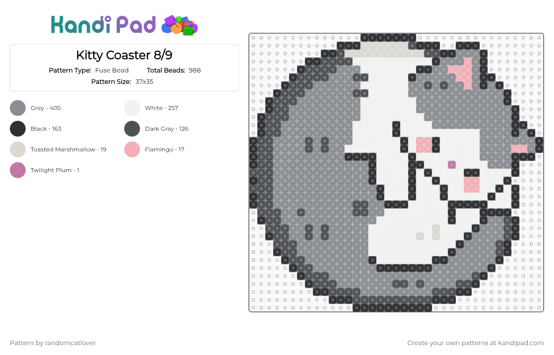 Kitty Coaster 8/9 - Fuse Bead Pattern by randomcatlover on Kandi Pad - gray,cat,kitty,kitten,coaster,kittens,cute,cats,kitties