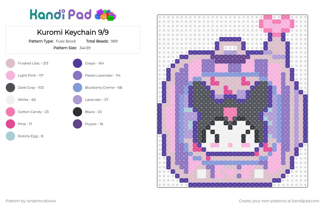 Kuromi Keychain 9/9 - Fuse Bead Pattern by randomcatlover on Kandi Pad - pink,purple,beige,keychain,tomodachi,sanrio,cute,kuromi,bunny