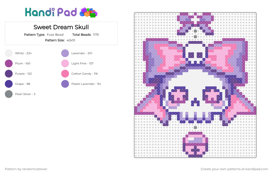 Sweet Dream Skull - Fuse Bead Pattern by randomcatlover on Kandi Pad - pink,skull,goth,pastel goth,cute,creepy,creepy cute,bow
