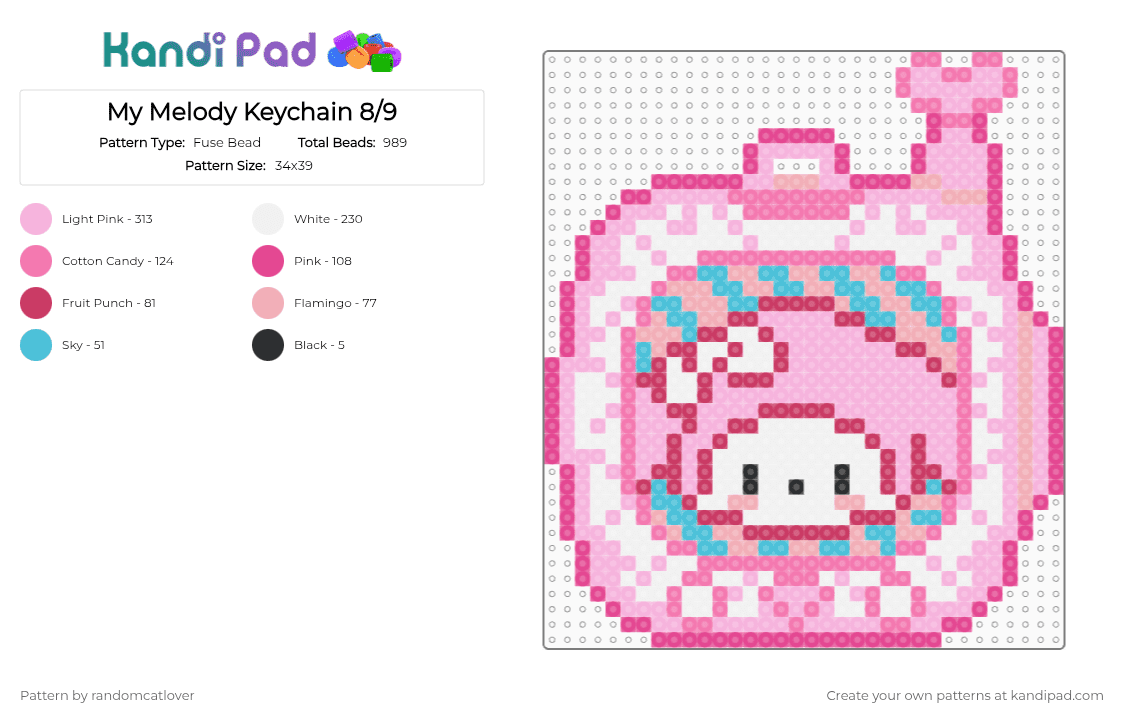 My Melody Keychain 8/9 - Fuse Bead Pattern by randomcatlover on Kandi Pad - pink,keychain,tomodachi,sanrio,cute,my melody,melody,bunny