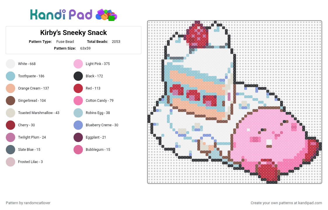 Kirby\'s Sneeky Snack - Fuse Bead Pattern by randomcatlover on Kandi Pad - pink,light blue,kirby,cake,snack,sweet,cakes,sweets,snacks