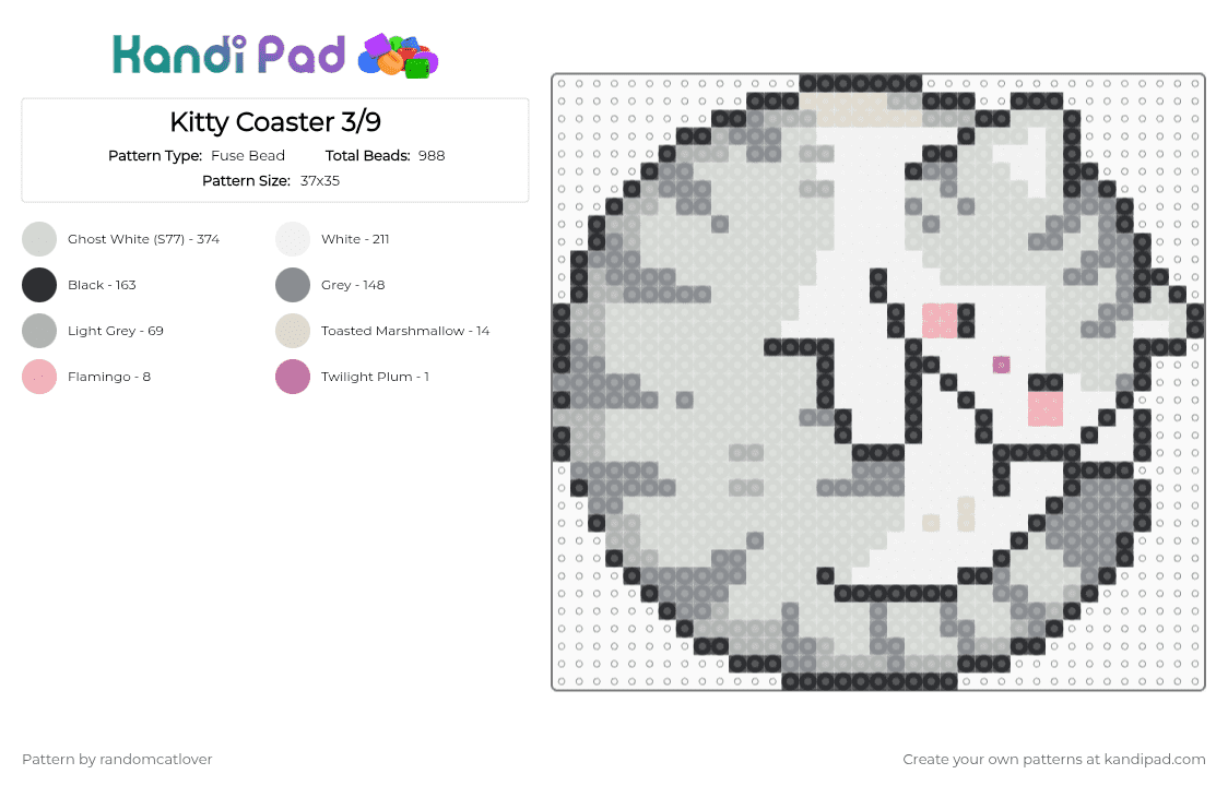 Kitty Coaster 3/9 - Fuse Bead Pattern by randomcatlover on Kandi Pad - white,beige,gray,cat,kitty,kitten,coaster,cats,kitties,kittens,cute