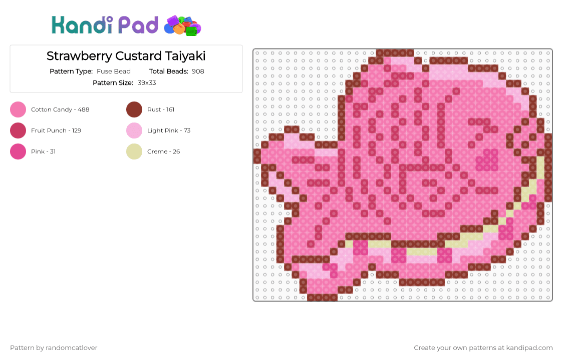 Strawberry Custard Taiyaki - Fuse Bead Pattern by randomcatlover on Kandi Pad - pink,taiyaki,strawberry,custard,sweet,sweets,strawberries,cute