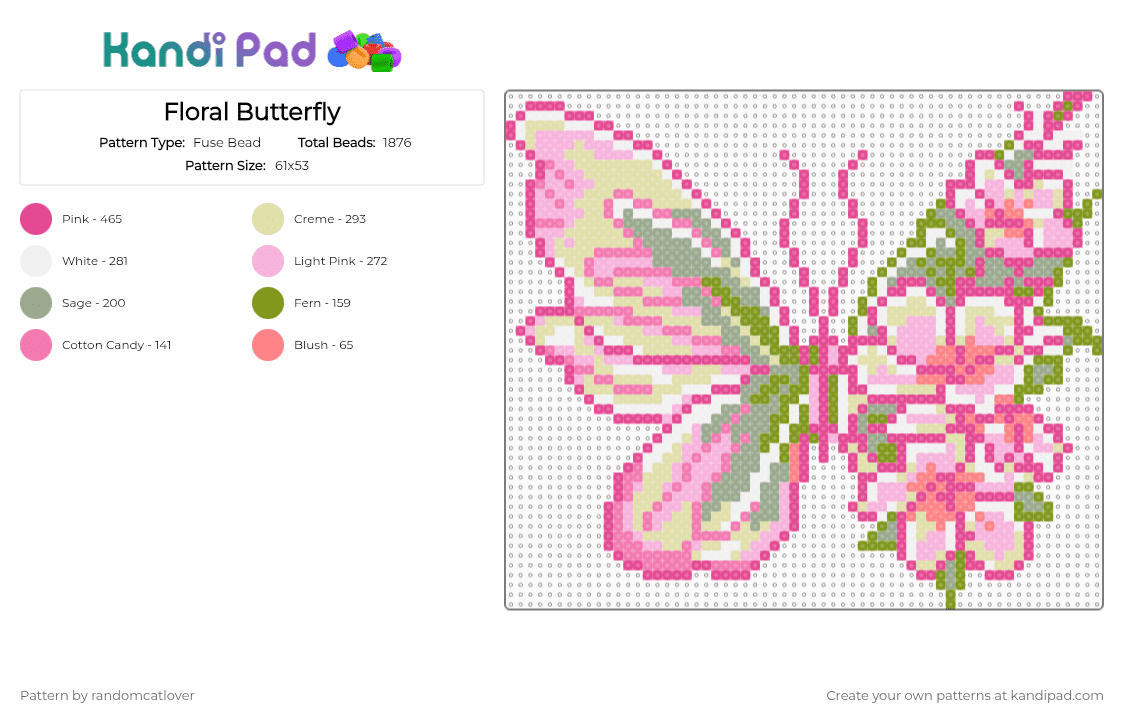 Floral Butterfly - Fuse Bead Pattern by randomcatlover on Kandi Pad - pink,butterfly,flower,flowers,cherry blossoms,cherry blossom,butterflies
