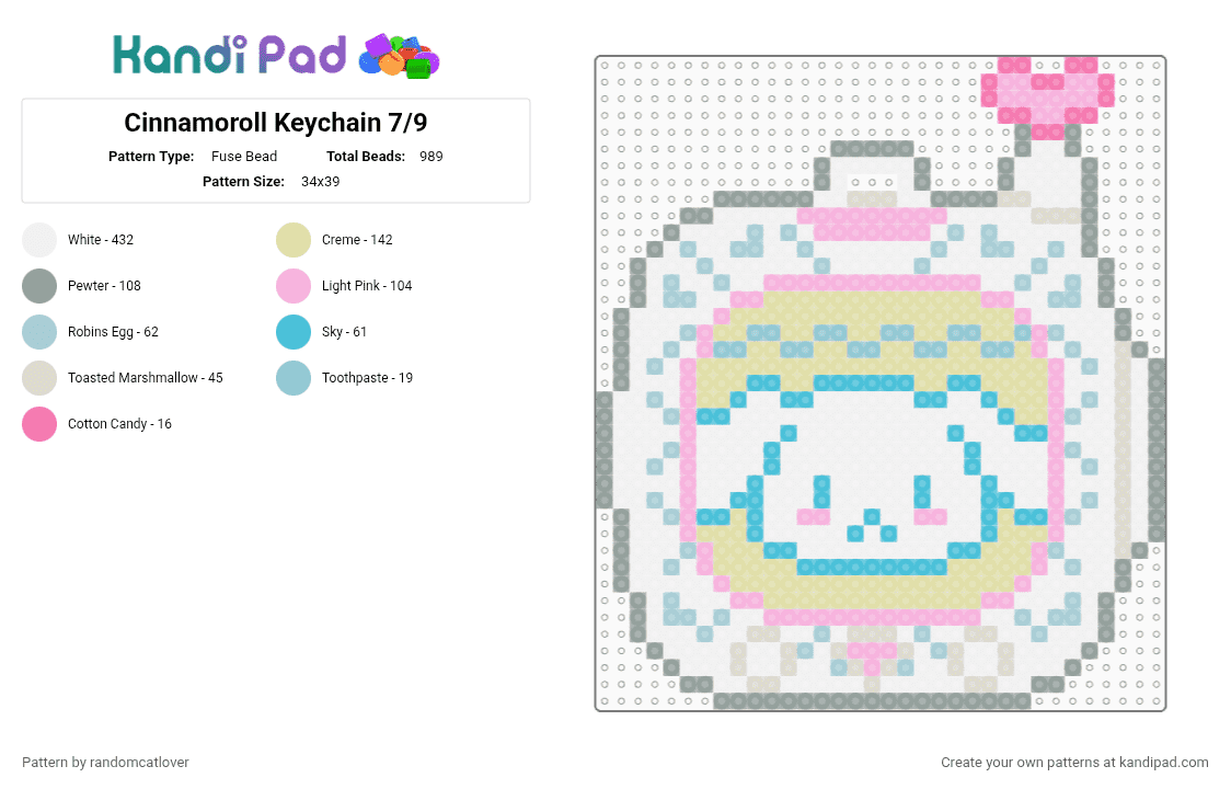 Cinnamoroll Keychain 7/9 - Fuse Bead Pattern by randomcatlover on Kandi Pad - white,gray,yellow,colorful,keychain,tomodachi,sanrio,cute,cinnamon roll,cinamaroll,cinnamoroll,puppy
