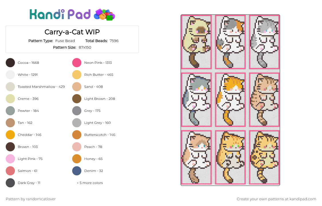 Carry-a-Cat - Fuse Bead Pattern by randomcatlover on Kandi Pad - pink,brown,yellow,beige,cat,cats,kitties,kitty,kitten,kittens,cute,dangle