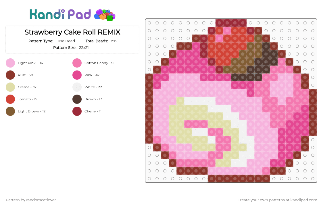 Strawberry Cake Roll REMIX - Fuse Bead Pattern by randomcatlover on Kandi Pad - pink,red,cake,cakes,strawberry,cute,sweet,sweets,easy