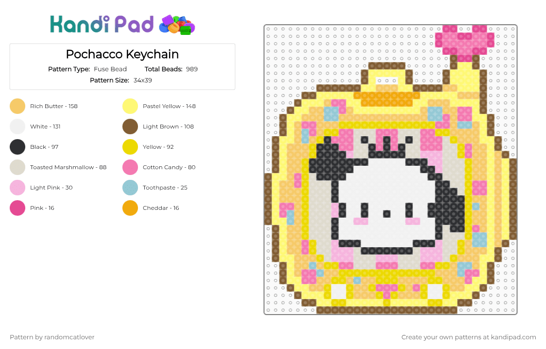 Pochacco Keychain 2/9 - Fuse Bead Pattern by randomcatlover on Kandi Pad - pink,yellow,keychain,tomodachi,sanrio,cute,pochacco,puppy