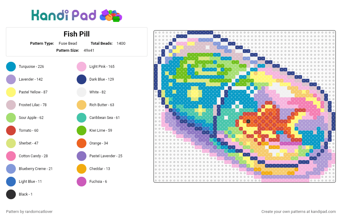 Fish Pill - Fuse Bead Pattern by randomcatlover on Kandi Pad - pink,yellow,blue,light blue,colorful,fish,pill,pills,capsule,pretty,pastel