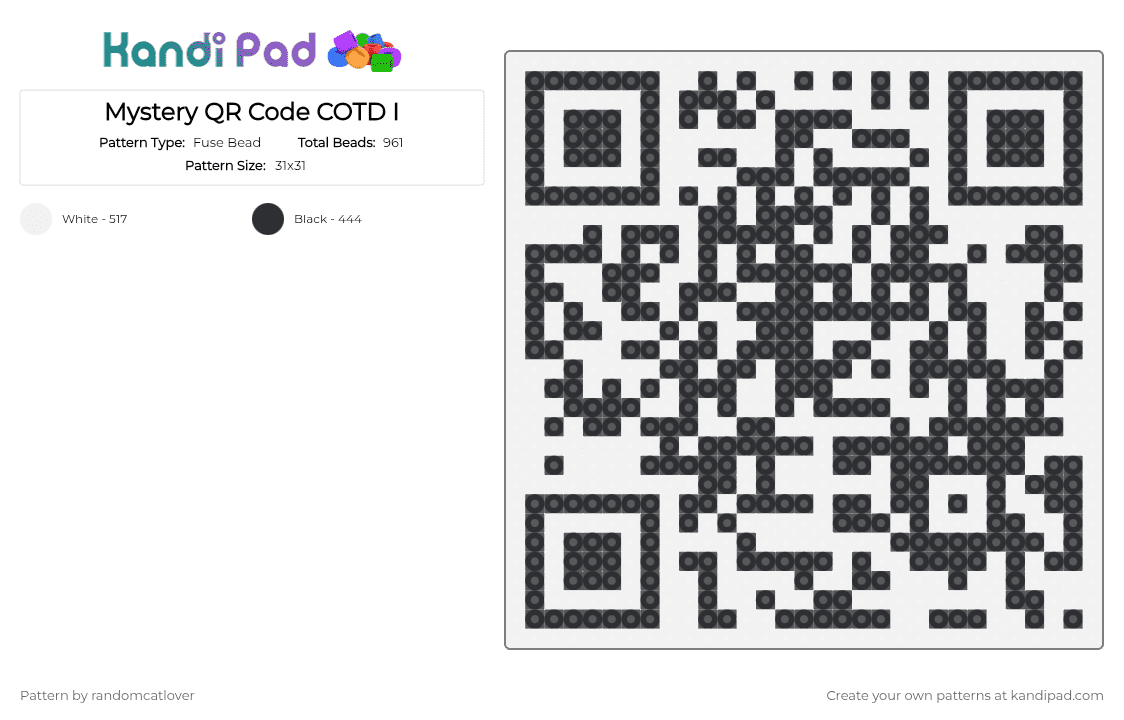 Mystery QR Code COTD I - Fuse Bead Pattern by randomcatlover on Kandi Pad - white,black,cotdmystery,qr,code,rush e,rush,e,qr code