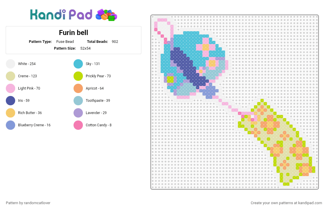 Furin bell - Fuse Bead Pattern by randomcatlover on Kandi Pad - light blue,pink,yellow,furin,japanese bell,wind chime,bell,glass