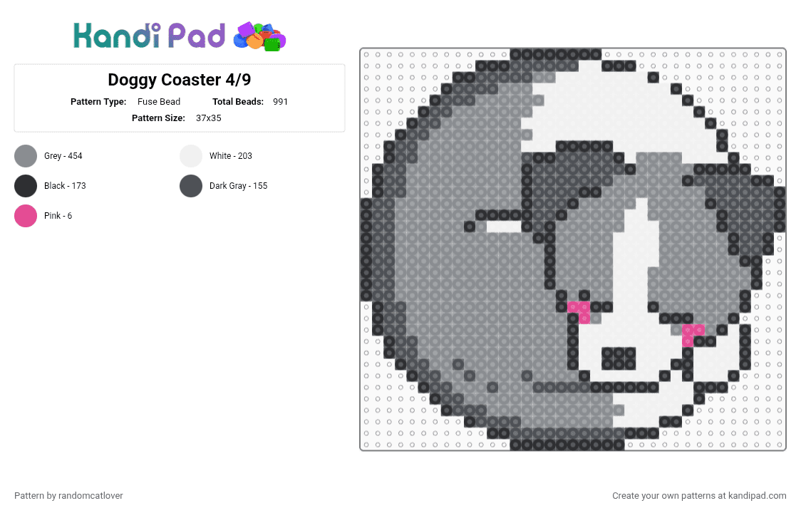Doggy Coaster 4/9 - Fuse Bead Pattern by randomcatlover on Kandi Pad - gray,dog,dogs,doggy,doggies,puppy,puppies,cute,border collie