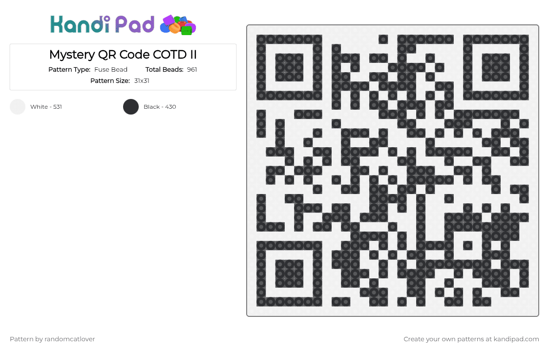 Mystery QR Code COTD II - Fuse Bead Pattern by randomcatlover on Kandi Pad - white,black,cotdmystery,qr,code,qr code,all star,smash mouth,smashmouth