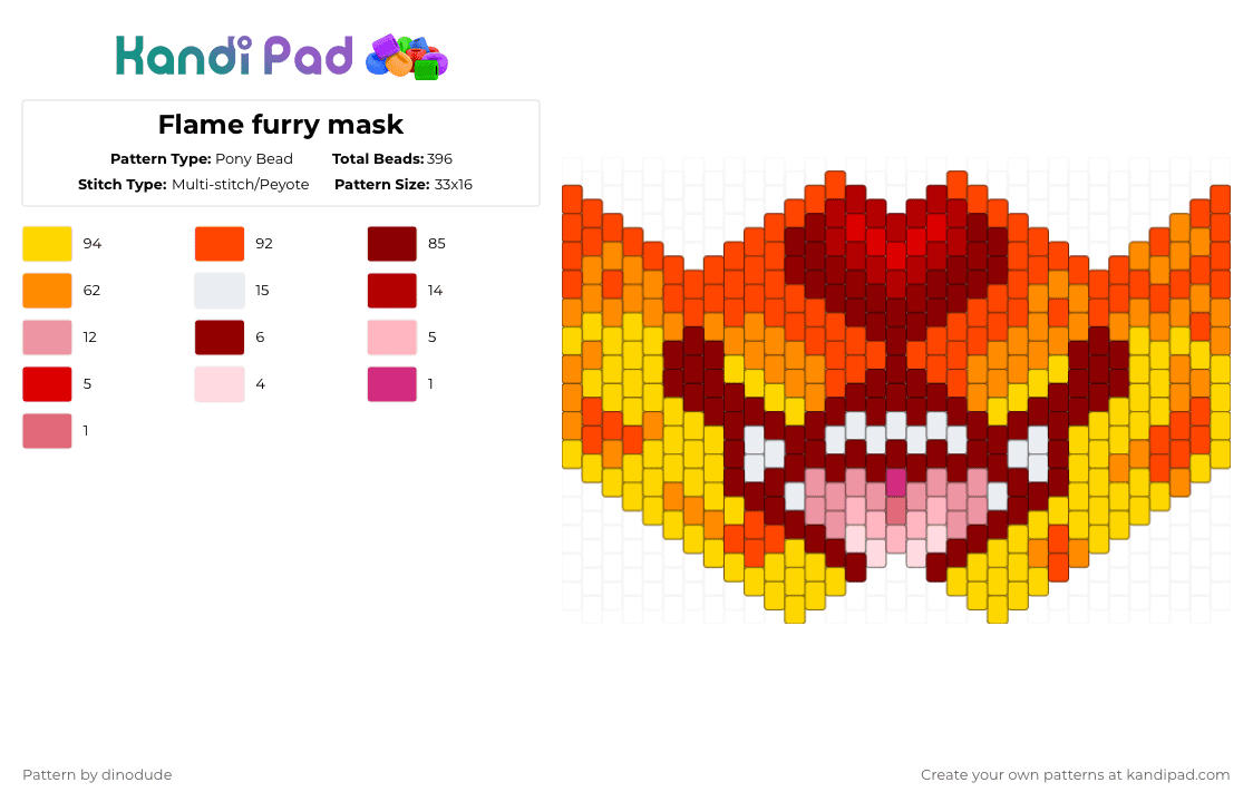 Flame furry mask - Pony Bead Pattern by dinodude on Kandi Pad - red,yellow,fire,furry,mask,fursona