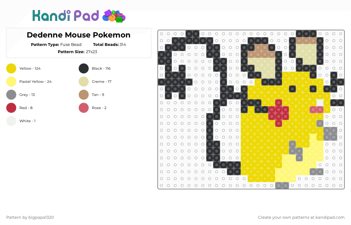 Dedenne Mouse Pokemon - Fuse Bead Pattern by bigpapa1320 on Kandi Pad - cute, easy, mice, mouse, pokemon, rodent, yellow