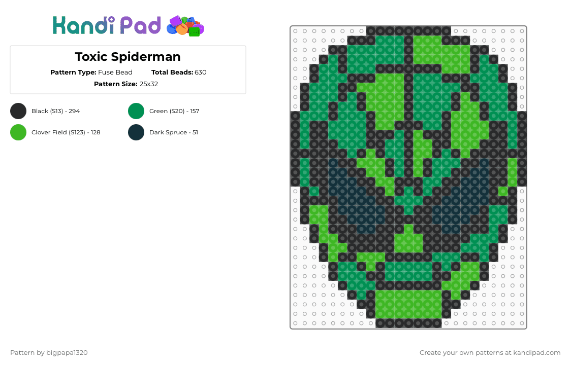 Toxic Spiderman - Fuse Bead Pattern by bigpapa1320 on Kandi Pad - black,green