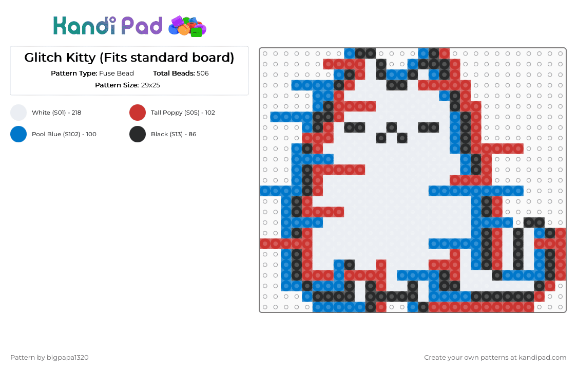 Glitch Kitty (Fits standard board) - Fuse Bead Pattern by bigpapa1320 on Kandi Pad - blue,red