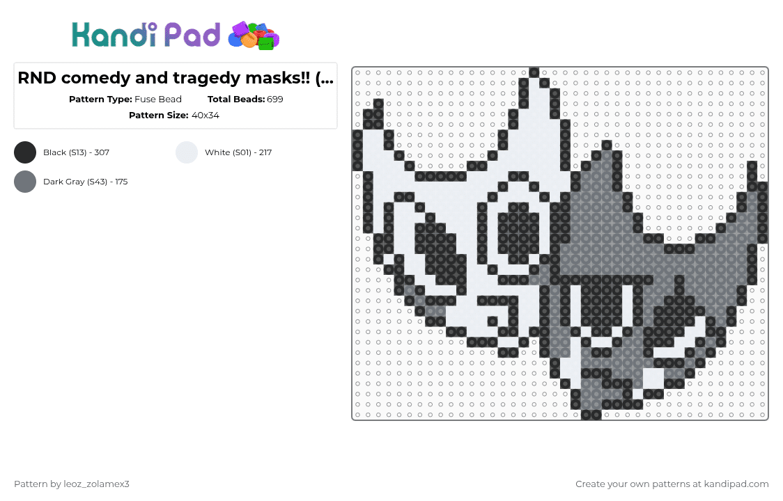 RND comedy and tragedy masks!! (COTD) - Fuse Bead Pattern by jade-harley on Kandi Pad - white,gray,cotdcomedy,razzle and dazzle,rnd,dw,dandysworld,black,grey