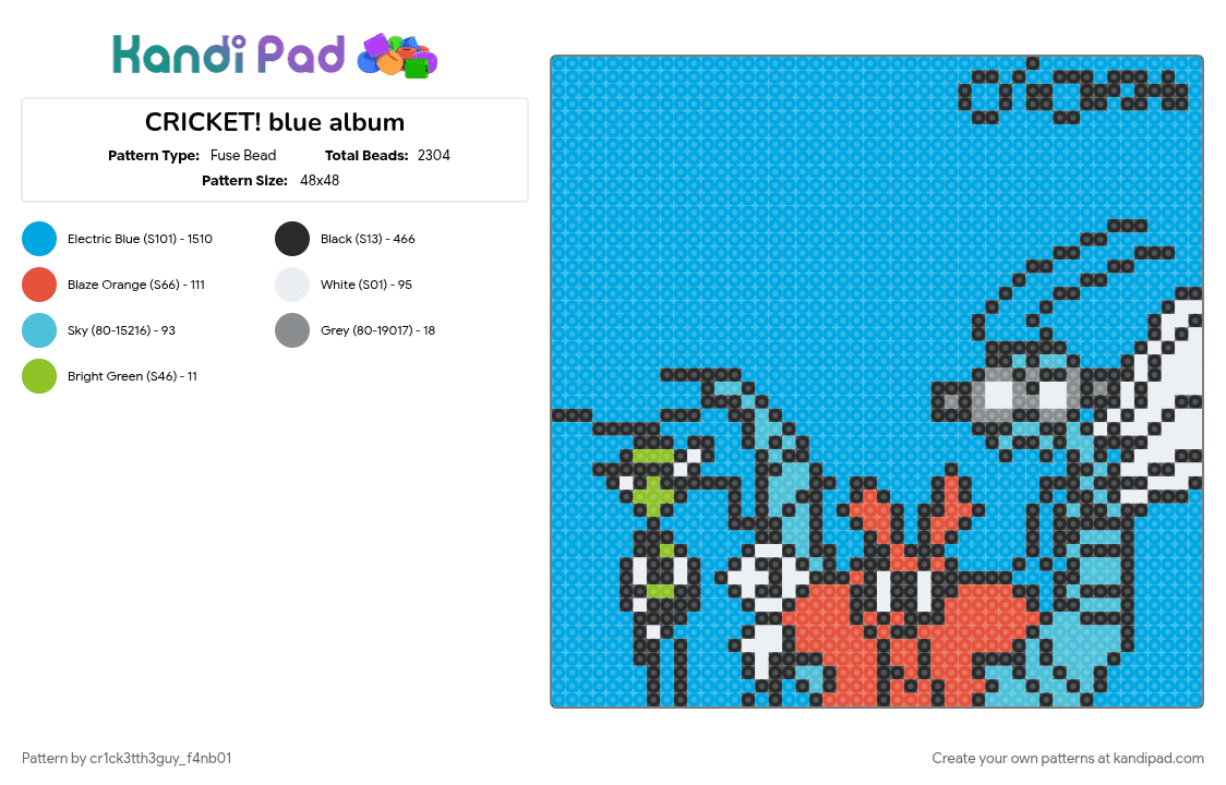 CRICKET! blue album - Fuse Bead Pattern by cr1ck3tth3guy_f4nb01 on Kandi Pad - bugs, crickettheguy, light blue, lime green, music, red, sky blue, weezer blue album, white