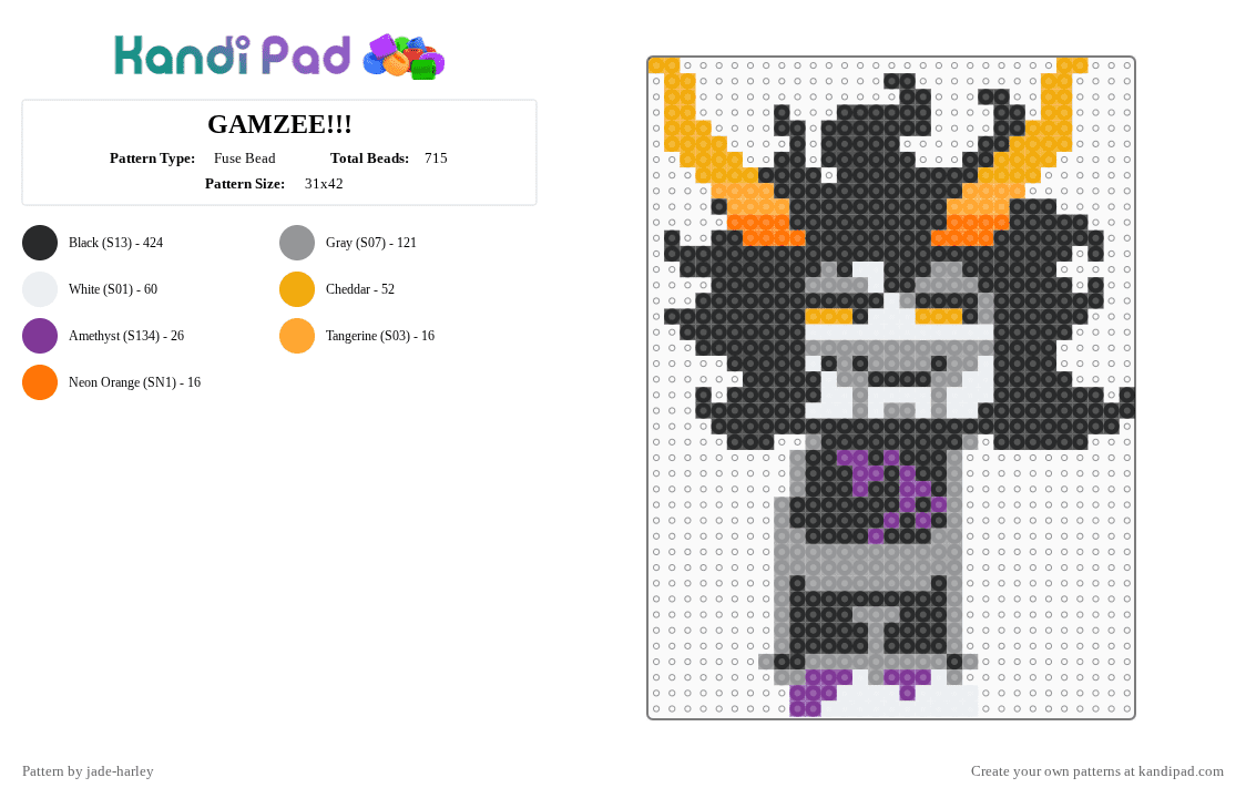 GAMZEE!!! - Fuse Bead Pattern by aquarium_system on Kandi Pad - black,gray,orange,homestuck,gamzee,purple,white,troll,capricorn,beta