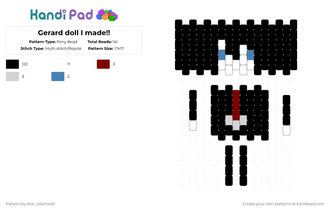 Gerard doll I made!! - Pony Bead Pattern by aquarium_system on Kandi Pad - black,white,brown,blue,my chemical romace,mcr,gerard way,gerard,red
