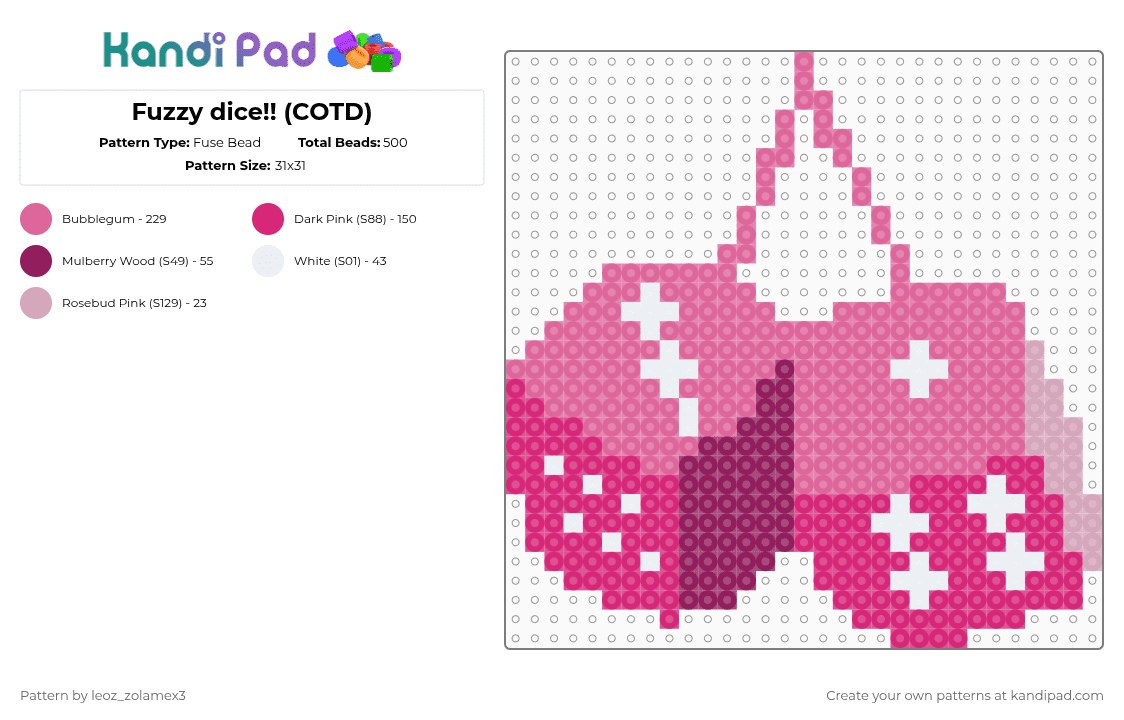 Fuzzy dice!! (COTD) - Fuse Bead Pattern by aquarium_system on Kandi Pad - pink,cotdchance,dice,white