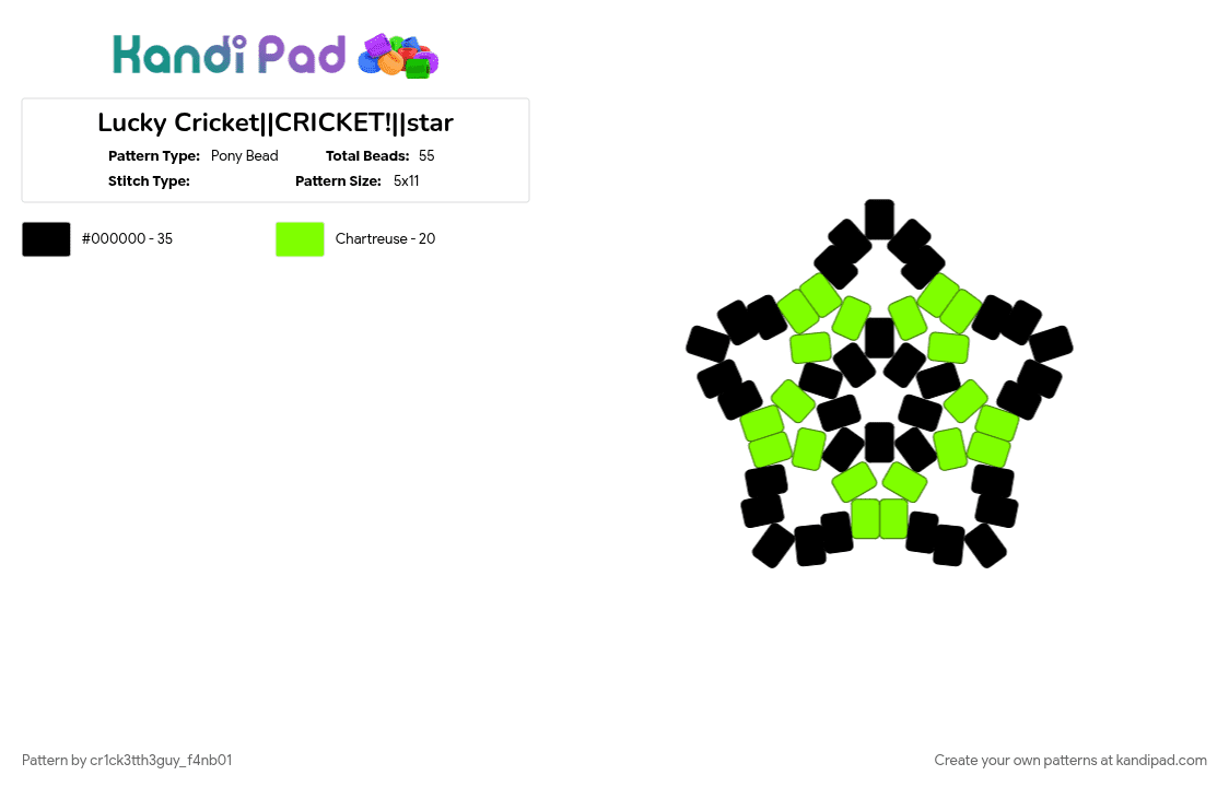 Lucky Cricket||CRICKET!||star - Pony Bead Pattern by cr1ck3tth3guy_f4nb01 on Kandi Pad - black, bugs, crickettheguy, green, lime green, lucky cricket