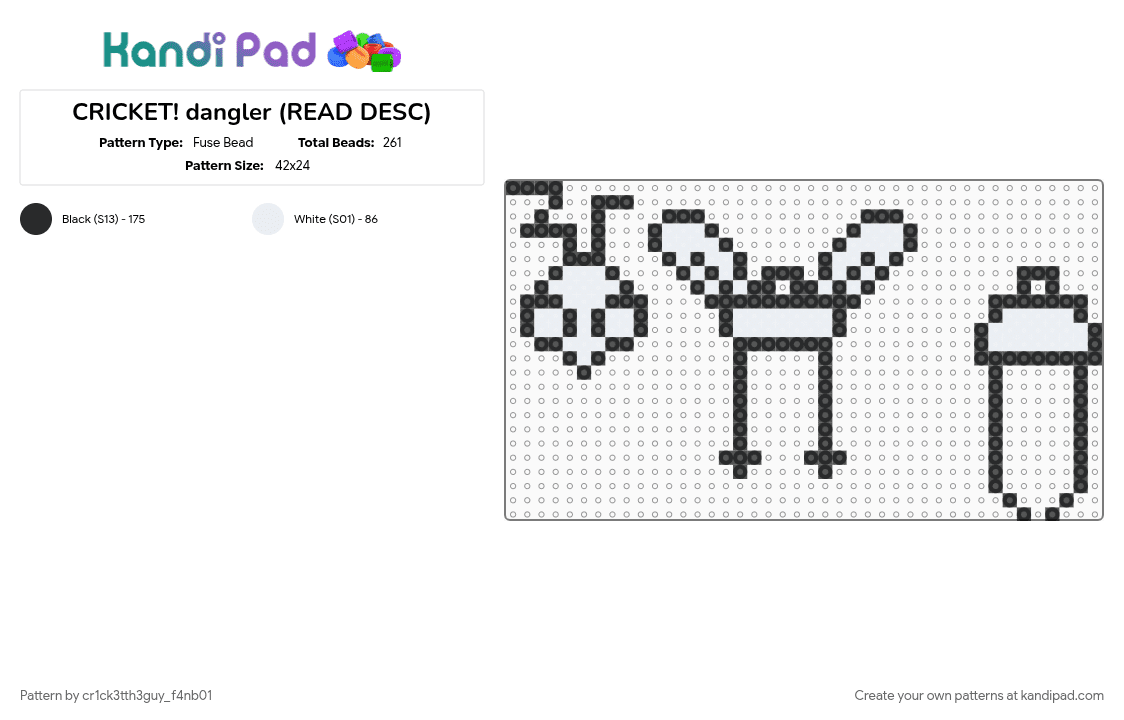 CRICKET! dangler (READ DESC) - Fuse Bead Pattern by cr1ck3tth3guy_f4nb01 on Kandi Pad - black, cricket, crickettheguy, dangle, dangle doll, dangler, doll, white