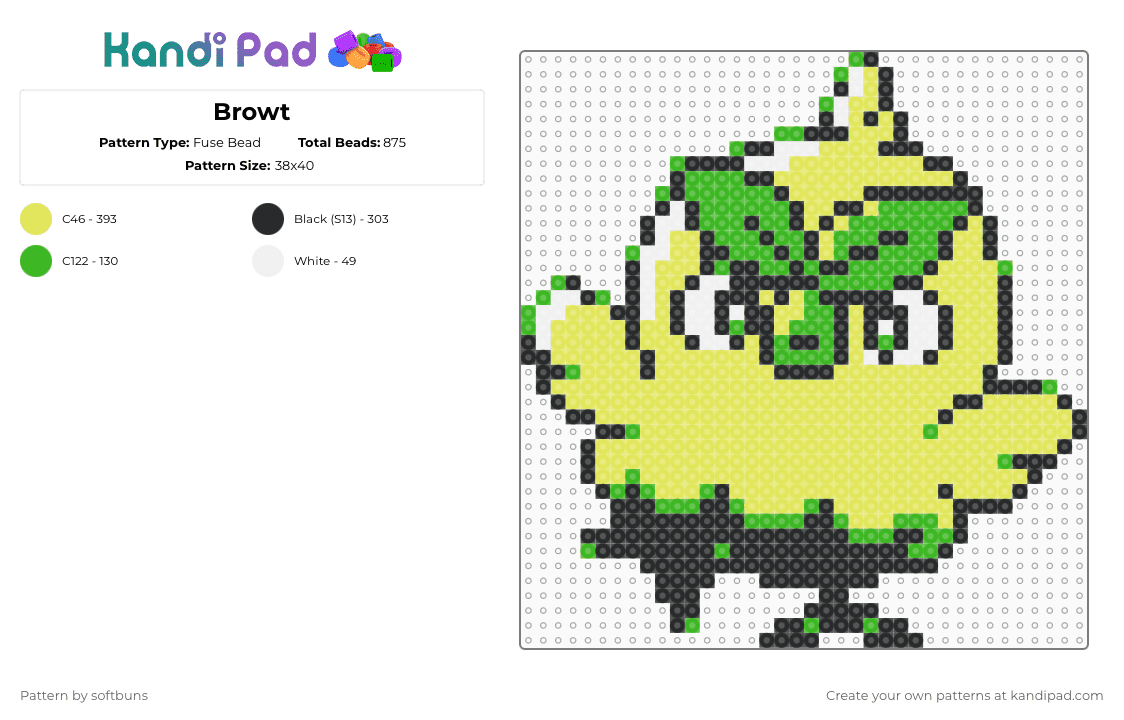 Browt - Retro Style - Fuse Bead Pattern by softbuns on Kandi Pad - starter,video game,gaming,pokemon,yellow,browt,green,grass type