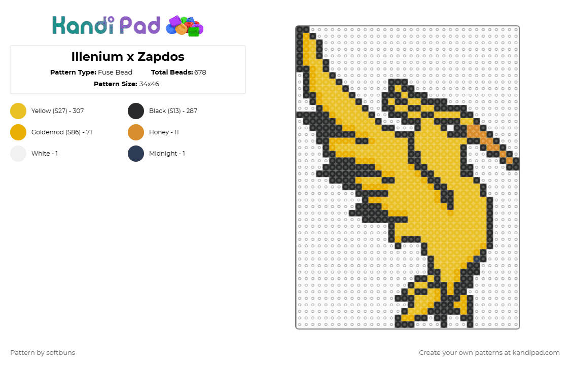 Illenium x Zapdos - Fuse Bead Pattern by softbuns on Kandi Pad - yellow,pokemon,illenium,nintendo,bird,zapdos,articuno,moltres