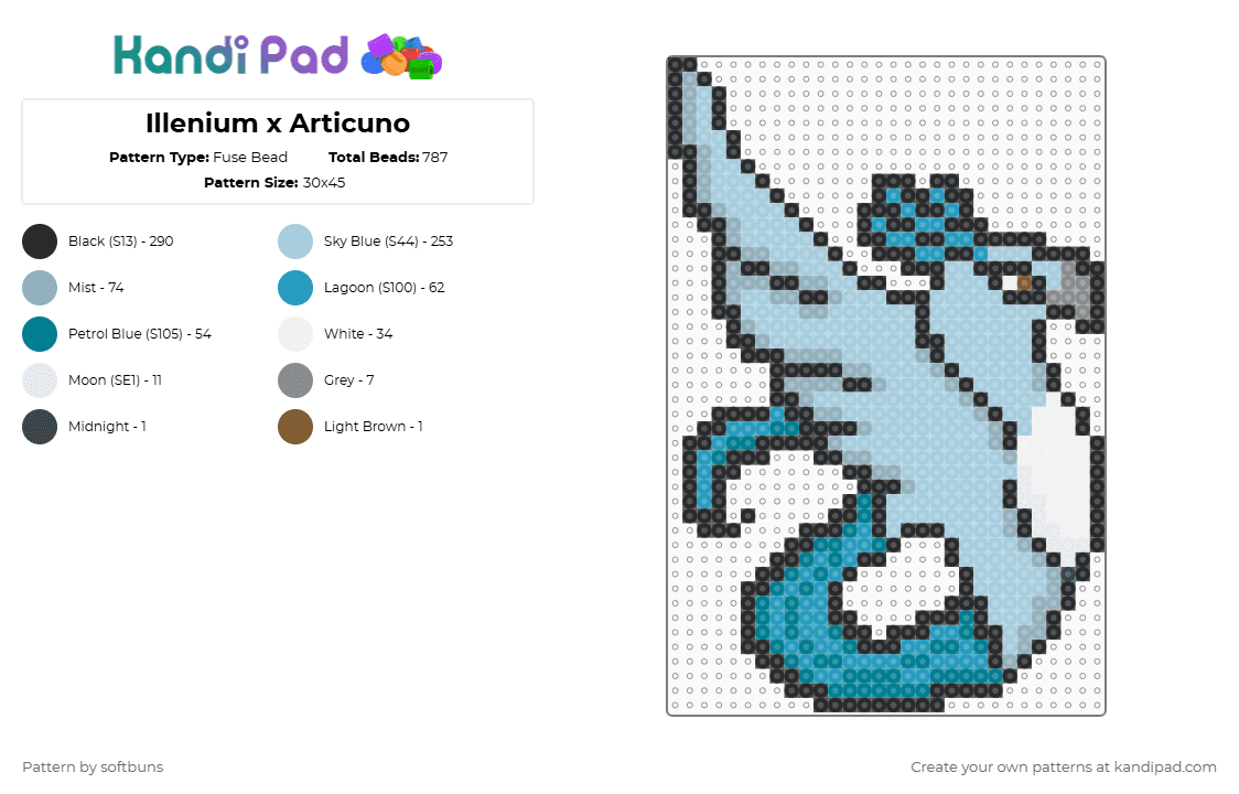 Illenium x Articuno - Fuse Bead Pattern by softbuns on Kandi Pad - light blue,pokemon,articuno,illenium,nintendo,bird