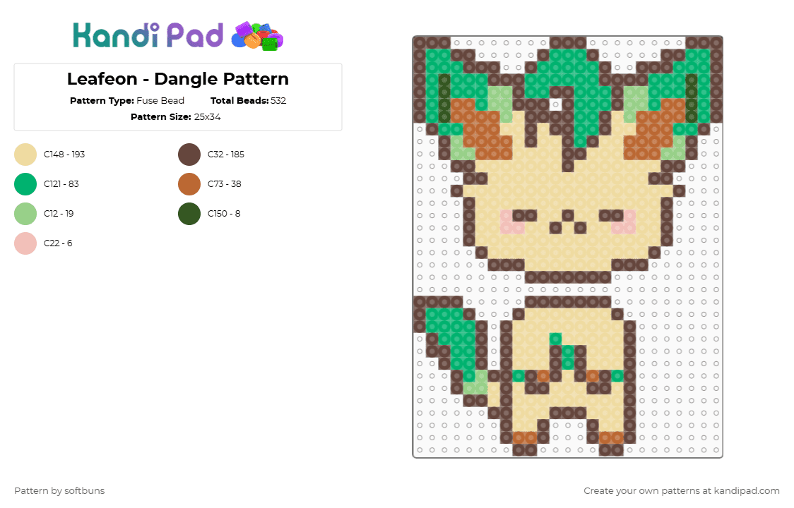 Leafeon - Dangle Pattern - Fuse Bead Pattern by softbuns on Kandi Pad - brown,beige,green,pokemon,leafeon,eevee,eeveelutions