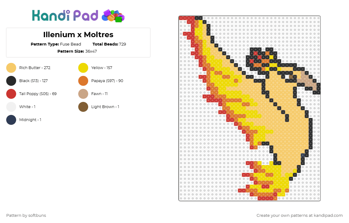Illenium x Moltres - Fuse Bead Pattern by softbuns on Kandi Pad - yellow,pokemon,articuno,illenium,nintendo,moltres,zapdos