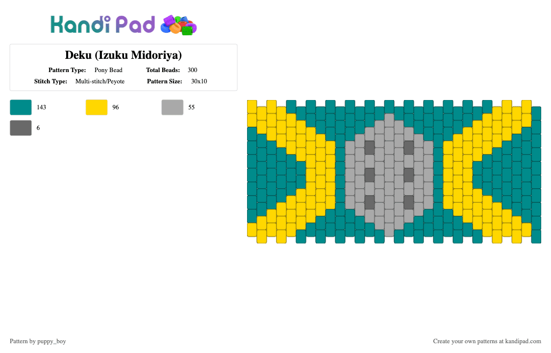 Deku (Izuku Midoriya) - Pony Bead Pattern by puppy_boy on Kandi Pad - anime, bnha, deku, hero, mha, my hero academia, teal, yellow